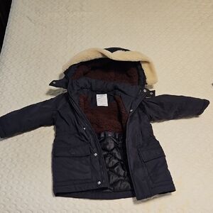 Mayoral Navy Coat with Brown Fleece Lining, Removable Hood, & Band On Cuffs